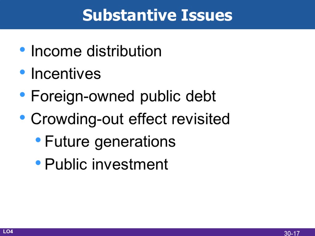 Substantive Issues Income distribution Incentives Foreign-owned public debt Crowding-out effect revisited Future generations Public
